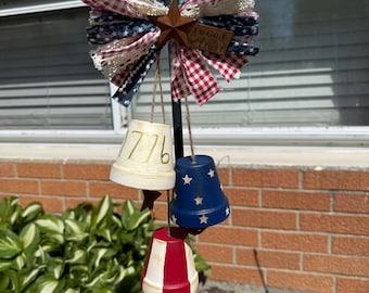Rustic Patriotic Bell Hanger, Americana Farmhouse Decor, 1776 Hanging Bells, Primitive Red White Blue Wall Accent