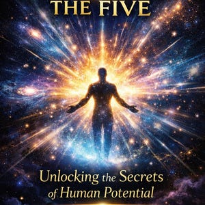 Può includere: Copertina di un libro con il titolo "BEYOND THE FIVE" in lettere dorate. L'immagine presenta una figura silhouette con le braccia tese su uno sfondo di una vibrante esplosione cosmica. È visibile anche il testo "Unlocking the Secrets of Human Potential".