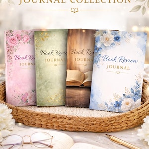 May include: A collection of four journals with floral and watercolor designs. Each journal cover features the text "Book Review Journal". The journals are displayed in a woven basket with an open book, glasses, and a pen.