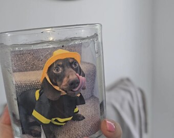 Candele profumate personalizzate con foto di animali, riutilizzabili anche come portacandele.