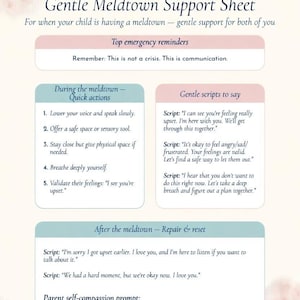 Op de afbeelding: Een afdrukbaar "Gentle Meldtown Support Sheet" met tekst in een zacht kleurenpalet. Het blad biedt snelle acties, zachte scripts en reparatie- en resetstrategieën voor het omgaan met meltdowns. Bevat de tekst "neuro mom tools".