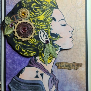 Hand Crafted, Steampunk Woman's Profile Design AO-SP-A7-002-002 A7 / 5x7 Greeting Card for Adult or Teen Woman