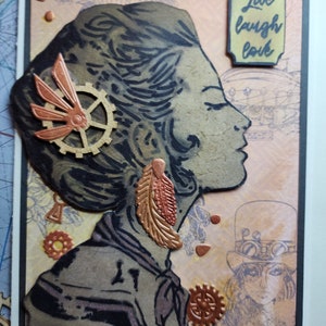 Hand Crafted, Steampunk Woman's Profile Design AO-SP-A7-002-004 A7 / 5x7 Greeting Card for Adult or Teen Woman