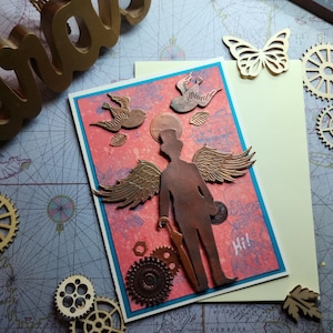 Cavalheiro Steampunk feito à mão com cartola com asas e guarda-chuva e design de pássaros AO-SP-004-002 Cartão comemorativo A7 / 5x7 para adulto ou adolescente