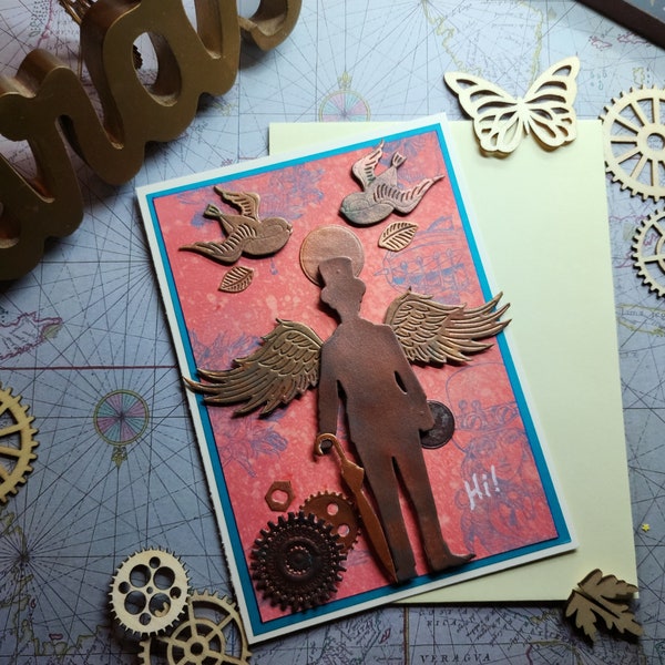 Hand Crafted, Steampunk Gentleman in Top-hat with Wings and Umbrella and Birds Design AO-SP-004-002 A7 / 5x7 Greeting Card for Adult or Teen