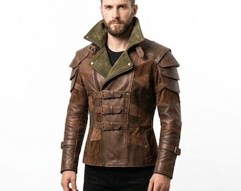 Chaqueta gótica steampunk de cuero envejecido – Hombros escalonados, abrigo de cuero con cierre de hebilla