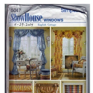 May include: A sewing pattern titled "Show House Windows" with various window treatment designs. The cover features images of curtains, valances, and window dressings in different styles and colors, including blue, yellow, and plaid patterns. The pattern includes the date 4-29-2004.