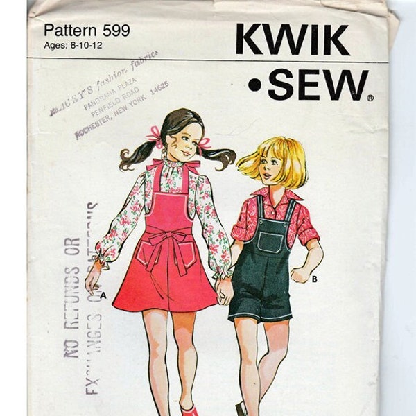 Girls apron Skirt and shorts with bib size 8-10-12 / Original Kwik Sew uncut Sewing Pattern 599