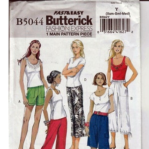 May include: A sewing pattern for women's clothing, featuring five different styles of tops and shorts. The pattern is labeled "Butterick Fashion Express" and includes instructions for making a white tank top, a white t-shirt, a red tank top, a white top with a scoop neck, and a blue pair of shorts.