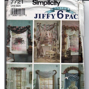 May include: Simplicity pattern 7721, a Jiffy 6 Pack of window treatments. The pattern includes six different styles of curtains, including a swag, a valance, and a sheer curtain. The pattern is for one size.
