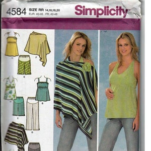 May include: Simplicity sewing pattern number 4584 for sizes 14, 16, 18, and 20. The pattern includes instructions for making a striped poncho, a halter top, and pants with a wide waistband. The pattern is for European sizes 40-46 and French sizes 42-48.