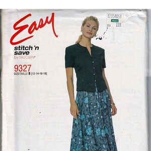 May include: A sewing pattern for a black short-sleeved top and a blue floral skirt. The pattern is called "Easy stitch 'n save" by McCall's and the pattern number is 9327. The pattern is for sizes B (12-14-16-18).