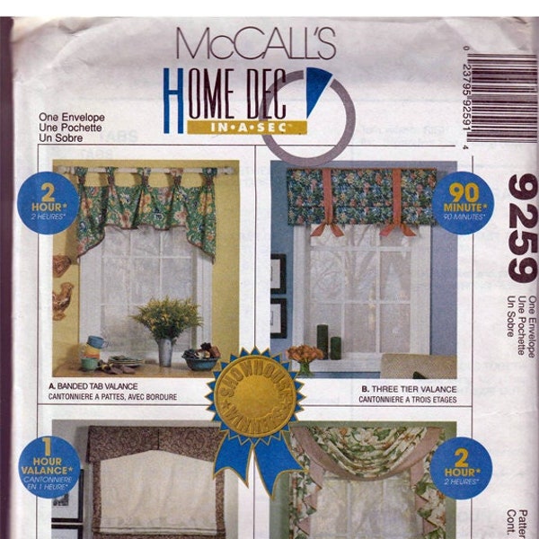 fast and easy  window treatments  / Original McCall's Home Dec In A Sec Uncut Sewing Pattern 9259