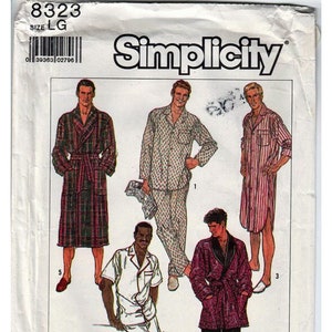 May include: Simplicity sewing pattern 8323 for men's sleepwear and robes. The pattern includes designs for a plaid robe, a dotted pajama set, a striped robe, a short-sleeved pajama set, and a burgundy robe with black pants.