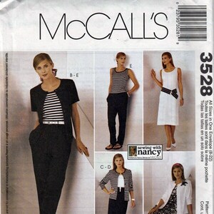 May include: McCall's sewing pattern number 3528 for an easy knit wardrobe. The pattern includes instructions for a sleeveless top, a jacket, a skirt, and pants. The pattern is for sizes 8-22.