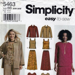 May include: Simplicity sewing pattern 5463 for sizes 20W-28W. The envelope displays illustrations of various garments including jackets, tank tops, skirts, and trousers in solid and patterned fabrics, alongside photographs of finished outfits.