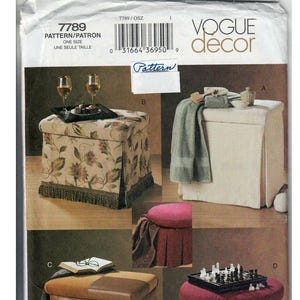 May include: Vogue Decor pattern featuring four different ottoman designs. The ottomans vary in shape, fabric, and detailing, including floral prints, pleated skirts, and a chess set. The pattern includes instructions for creating these decorative furniture pieces.