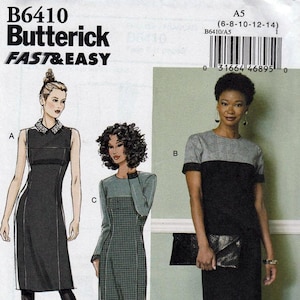 May include: Butterick B6410 sewing pattern featuring three dress designs. The pattern includes a sleeveless dress, a long-sleeved dress with a checkered pattern, and a color-blocked dress with short sleeves. The pattern size is A5 (6-8-10-12-14).