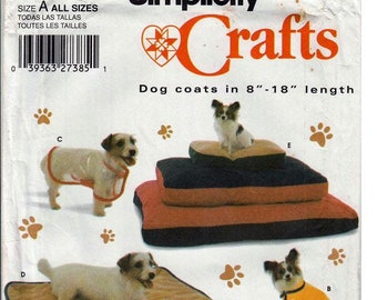 May include: A sewing pattern for dog coats and beds. The pattern includes instructions for making coats in sizes 8 to 18 inches and beds in various sizes. The pattern is from Simplicity Crafts and includes a Wrights label.