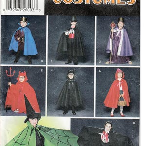 May include: Simplicity Costumes pattern featuring various children's Halloween costumes. The costumes include a devil, a bat, a witch, a vampire, a king, and Little Red Riding Hood. The pattern includes sizes A, S, M, and L.
