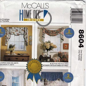 May include: McCall's Home Decor sewing pattern envelope featuring four window valance designs. The envelope includes images of swags, jabots, and valances in various styles. The text includes "One Envelope" and "In a Sec."