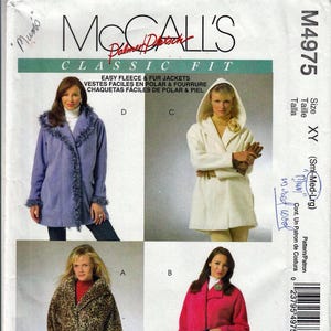 May include: McCall's Classic Fit sewing pattern for easy fleece and fur jackets. The pattern features four jacket styles: a lavender coat with fringe, a white hooded coat, a leopard print coat, and a pink coat.