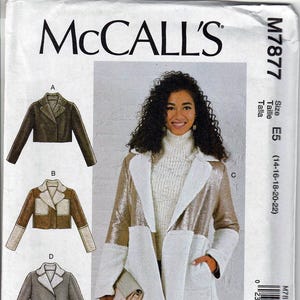 May include: McCall's sewing pattern M7877 featuring a woman wearing a gold and white jacket. The pattern includes jacket designs A, B, C, and D. The pattern size is E5 (14-16-18-20-22).