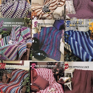 May include: A collection of crochet afghan patterns featuring various stitch designs and color combinations. The patterns include "Stained Glass Strips", "Granny Strips Afghan", "V-Stitch Mile-A-Minute", "Caribbean Jewels Mile-A-Minute", "Bright Baubles", "Blue Ridge Mile-A-Minute", "Mile-A-Minute Strip Afghan", "Rose Waves Afghan", and "Pineapples & Lace".