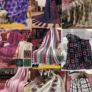 May include: A collection of crochet blanket patterns featuring various designs, including "Octagon Bouquet", "Onyx & Jewels", "Lovely 'n Lacy", "Thimble & Beads", and "Timeless Treasure".