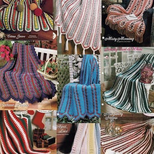 May include: A collection of crochet blanket patterns featuring various colors and designs. The patterns include "Citrus Grove", "Gray Hamil", "Radiant Ripples", "Marble Turquoise", "Misty Morning", "Simply Teal & White", "Asurgunoy Stripes", "April Lace", and "Yuletide Delight".