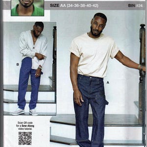 May include: Sewing pattern package with a photo of a man wearing a white t-shirt and dark blue jeans. The package includes the text "knowMe" and "SIZE AA (34-36-38-40-42)". The package is designed and printed in the USA.