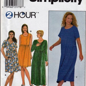 May include: Simplicity sewing pattern featuring illustrations of dresses. The pattern includes a blue dress, an orange dress, a green dress, and a floral dress. The pattern size is FF 18W-24W.