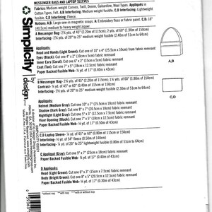 Puede incluir: Patr&oacute;n Simplicity S9369 para bolsos mensajeros y fundas para port&aacute;tiles. Incluye requisitos de tela, nociones y detalles de apliques. Presenta diagramas para la construcci&oacute;n de la bolsa y la funda. Medidas en cm y metros.