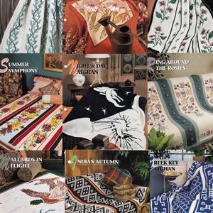 May include: A collection of afghans and blankets with various designs. The "Liming Vines" afghan features a white background with green vines. The "Iris Garden" afghan has a floral design on an orange background. Other designs include floral, geometric, and nature-themed patterns.