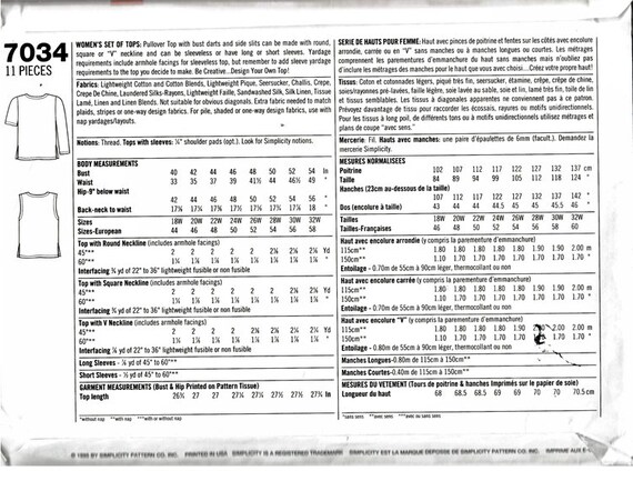 Simplicity Pattern 7034 Top Design Your Own 9 Looks Sizes