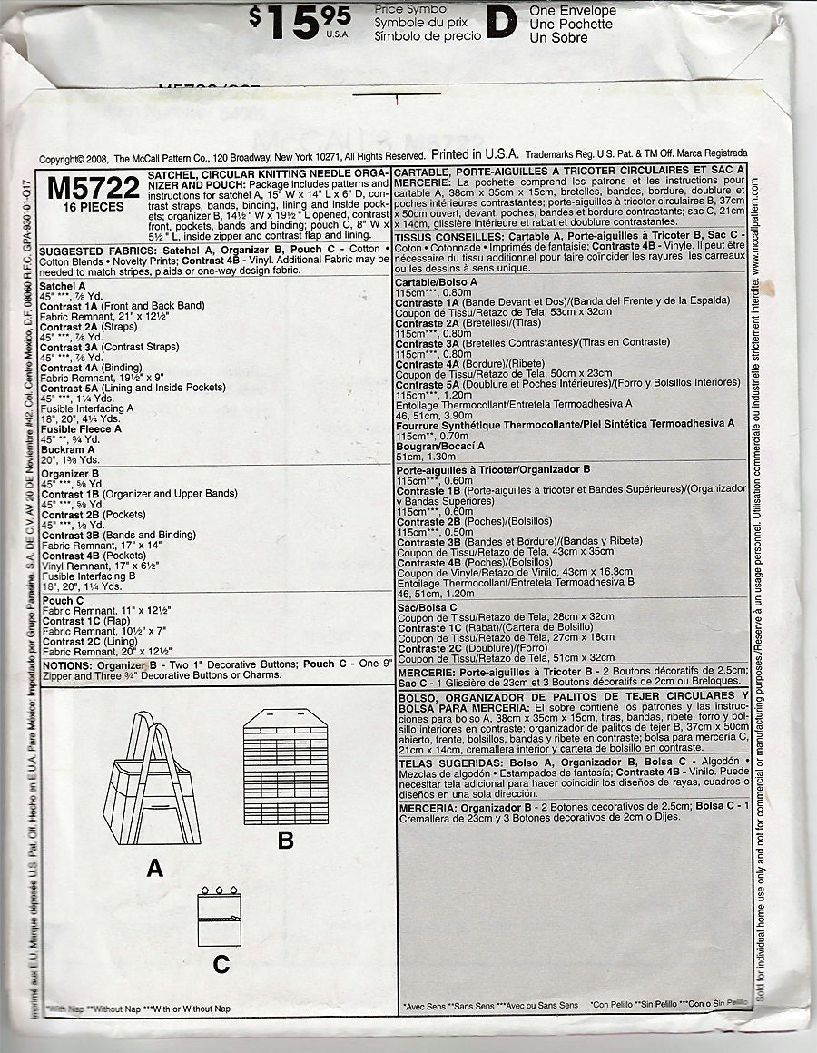 ONE SIZE MCCALLS M5722 SATCHEL KNITTING NEEDLE ORGANIZER POUCH *UNCUT/FF