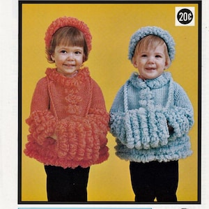 May include: Vintage knitting pattern featuring a child's jacket, hat, and muff set. The image shows two children wearing matching knitted outfits in coral and light blue. The outfits include a jacket with ruffled sleeves and a matching hat.