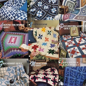 May include: A collage of nine crochet quilt patterns, each with a different design and color scheme. The patterns include "Barn Raising Quilt", "Inwheel Loop N' Lace", "Nine Patch Granny", "Round the World Quilt", "Pointed Star", "Patchwork Sampler Quilt", "Friendship Quilt", "Mosaic Stars Quilt", and "Leavenworth 9-Patch Quilt".