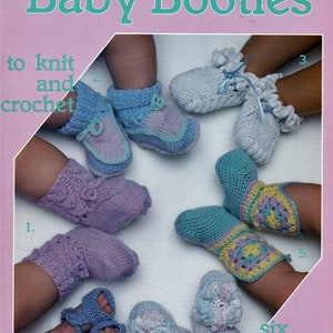 May include: A leaflet titled "Baby Booties" featuring six knitted and crocheted baby shoe designs. The image showcases various colorful booties in blue, purple, and white, with different patterns and styles. The text "to knit and crochet" is also visible.