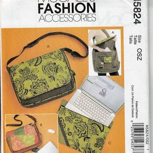May include: A McCall's Fashion Accessories sewing pattern, M5824, featuring a floral print messenger bag, laptop sleeve, and small patchwork bag. The main bag has a green floral design with a dark gray border and strap. The pattern includes multiple bag styles.