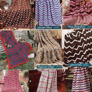 May include: A collection of crochet blanket patterns featuring various chevron designs in different colors, including coral, lavender, pink, brown, red, and blue. The patterns are titled "Coral Isle", "Lavender Waves", "Very Berry Sweet", "Amore Nights", "Cappuccino Ripple", "Just in Time", "Rose Regalia", "Sweet Confection", and "Jeweled Waves".