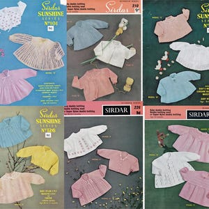 May include: A collection of vintage knitting patterns for baby clothes. The patterns feature various styles of sweaters, cardigans, and dresses in pastel colors like pink, blue, and yellow. The covers display the Sirdar Sunshine Series logo.