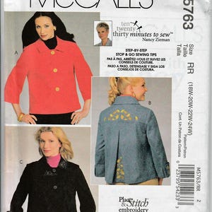May include: McCall's M5763 sewing pattern featuring three jacket designs. The pattern includes step-by-step instructions and is available in sizes 18W-24W. The image shows a red jacket, a blue jacket with gold embroidery, and a black jacket.