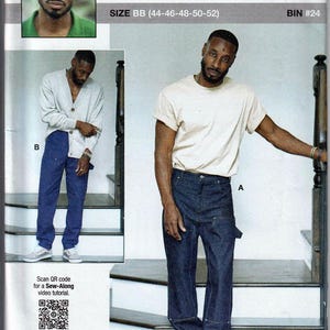 May include: A fashion pattern featuring a man modeling two outfits: a light-colored cardigan and blue jeans, and a cream-colored t-shirt with dark blue jeans. The pattern includes the text "knowME" and "SIZE BB (44-46-48-50-52)".