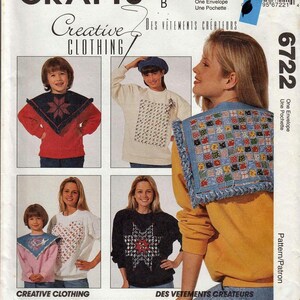 May include: McCall's Crafts pattern for creative clothing. The image shows various sweater designs with decorative elements, including geometric patterns and appliqués. The designs feature a variety of colors and textures, offering options for customization.