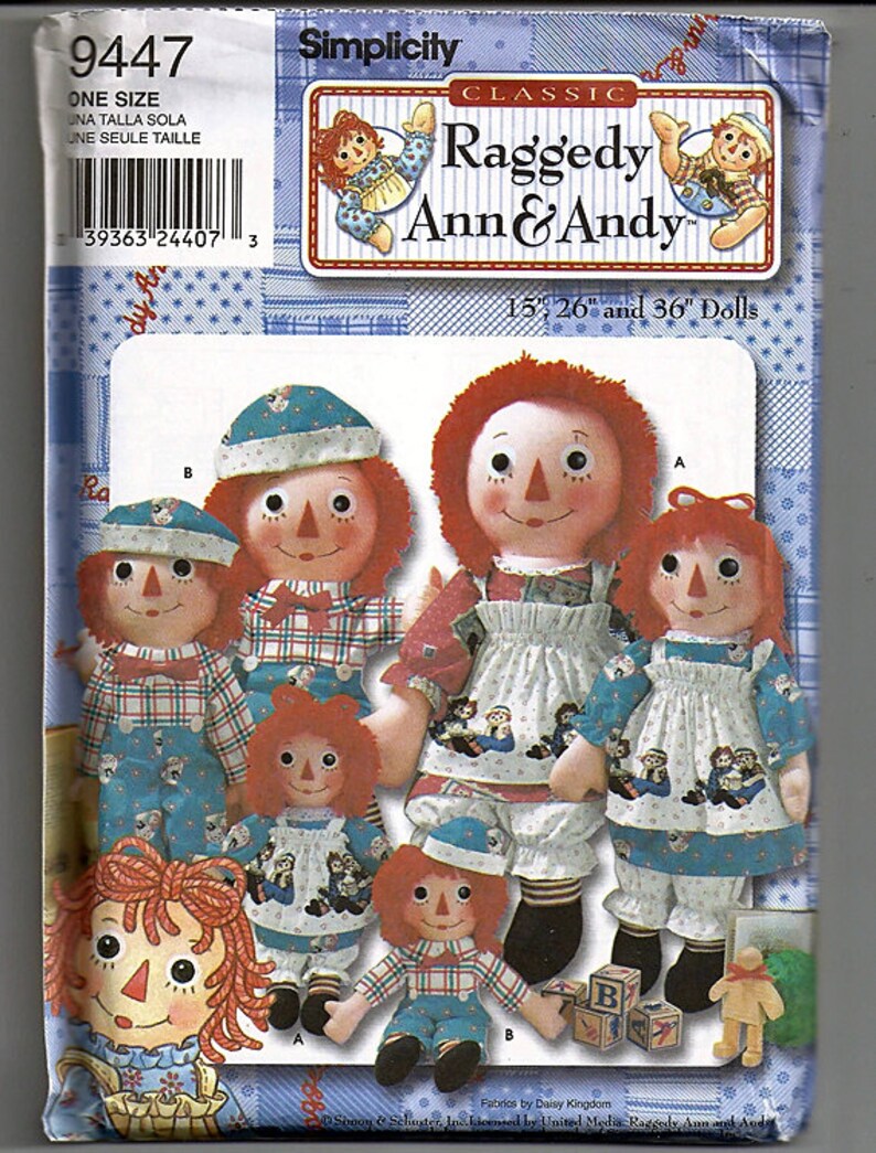 Raggedy Ann & Andy in Three Sizes / Original Simplicity Crafts Uncut Sewing Pattern 9447 image 1