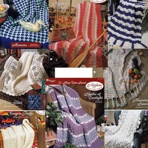 May include: A collection of crochet afghan patterns featuring various designs, including "Memories", "Bands of Coral", "Shades of Twilight", "Hawaiian Sunrise", "Winter Wonderland", "Aran Filet", "Crayon Puffs", and "Three Cheers for Shells".