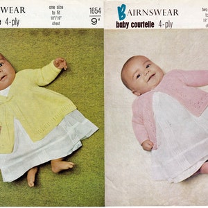 May include: Vintage baby clothing pattern featuring two babies wearing knitted cardigans and dresses. One baby wears a yellow cardigan, the other a pink one. The pattern is for sizes 18" and 19" chest.