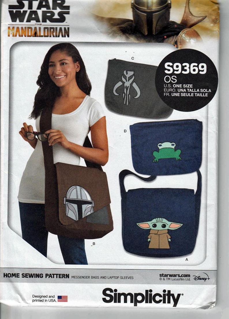 Puede incluir: Un patr&oacute;n de costura Simplicity para bolsos mensajeros y fundas para port&aacute;tiles con dise&ntilde;os de Star Wars: The Mandalorian. El patr&oacute;n incluye bolsos con el casco mandaloriano, una rana y Grogu. Dise&ntilde;ado e impreso en EE. UU.