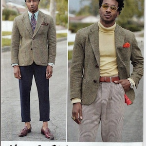 May include: Simplicity sewing pattern featuring two men's outfits. The outfits include a tweed blazer, trousers, and a turtleneck. The pattern is labeled "Mimi G Style" and includes the text "Sew Along With Mimi G".